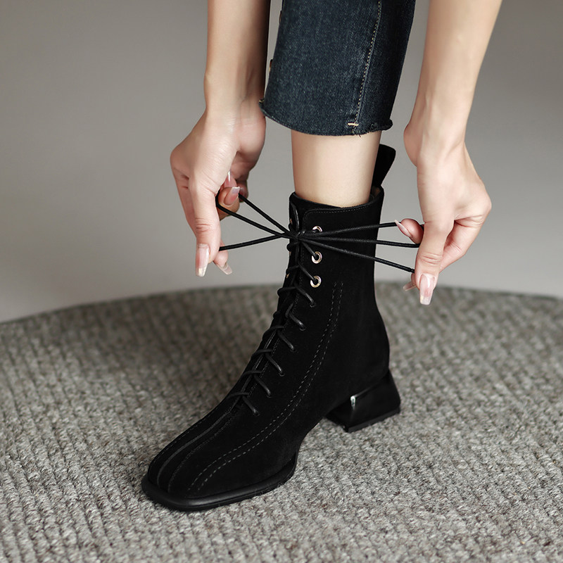 thumbnail for Matte Leather Square Toe Chunky Heel Mid-Heel Cross-Strap Back Zipper Martin Boots for Women, Versatile and Slimming Ankle Boots for Autumn and Winter