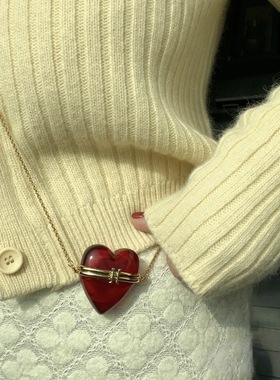 树脂爱心盒子长款项链可开口镂空复古红色爱心毛衣链