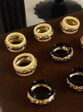 法国小众品牌aureliebidermann珐琅戒指复古质感时髦黑金戒指女潮