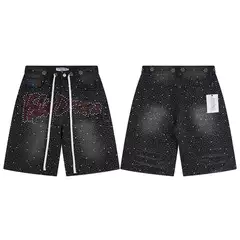 Vale Valley Forever Full-Length Rhinestone Denim Shorts for Men and Women, Loose Straight Casual Six-Point Pants