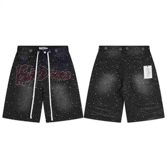 Vale Valley Forever Full-Length Rhinestone Denim Shorts for Men and Women, Loose Straight Casual Six-Point Pants