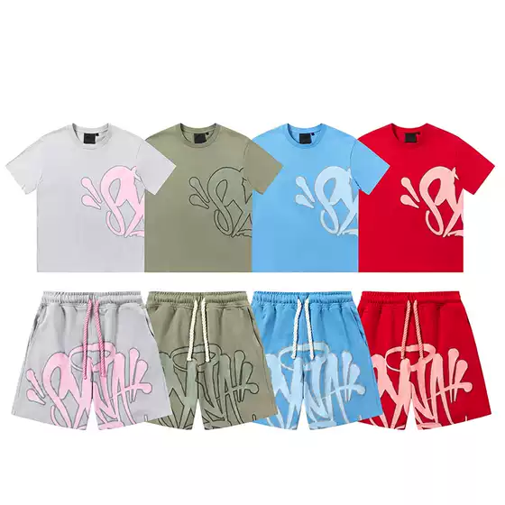 Syna World American Hip-Hop Foam Letter Print Short-Sleeved T-Shirt Drill Style Casual Sports Shorts Set