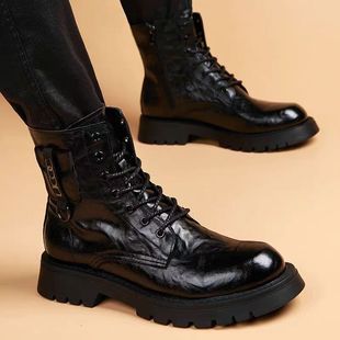 潮牌真皮马丁靴男加绒高帮工装 靴潮流皮靴内增高中帮英伦风男靴子
