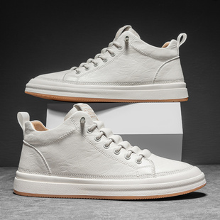 高帮男鞋一脚蹬真皮小白鞋秋季高邦鞋男款运动皮鞋男士休闲板鞋子