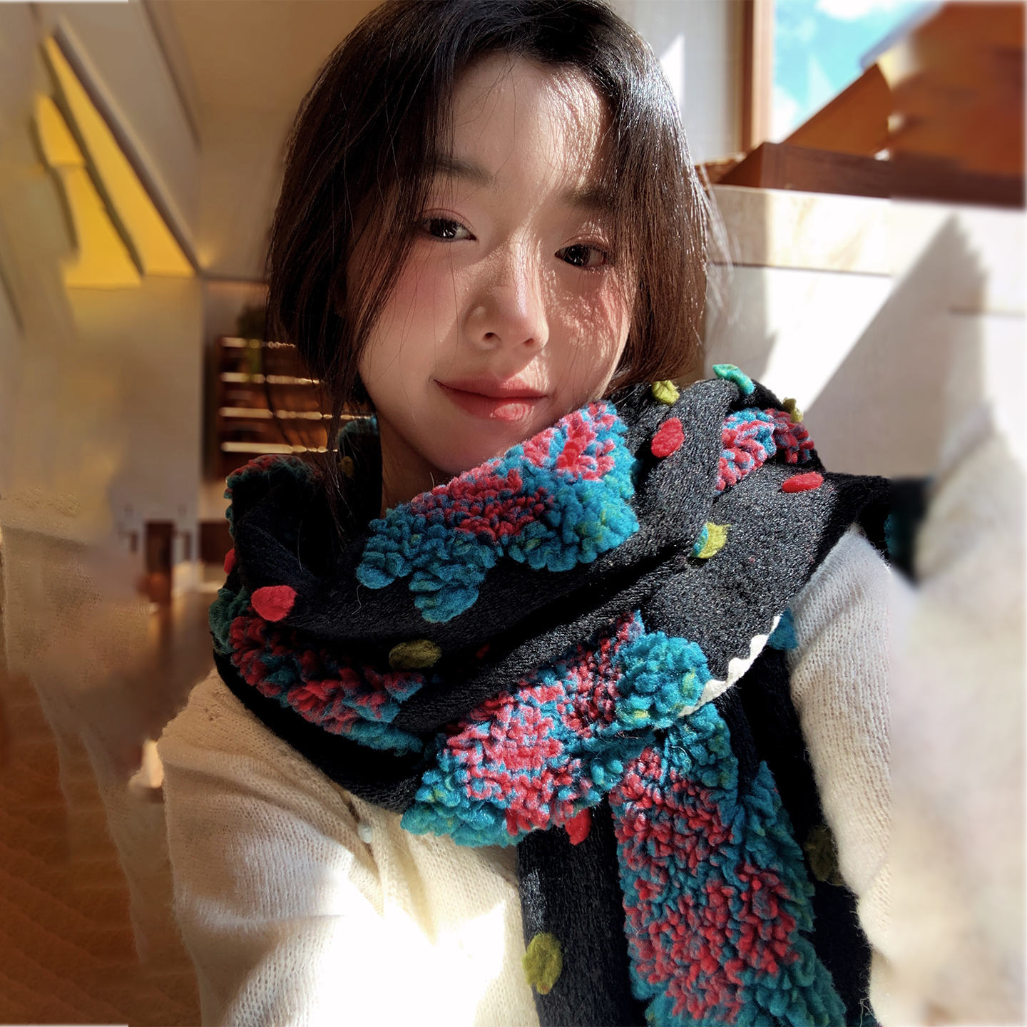 2025新款韩版重工立体花朵披肩围巾冬加厚波点围脖加厚时尚披肩女