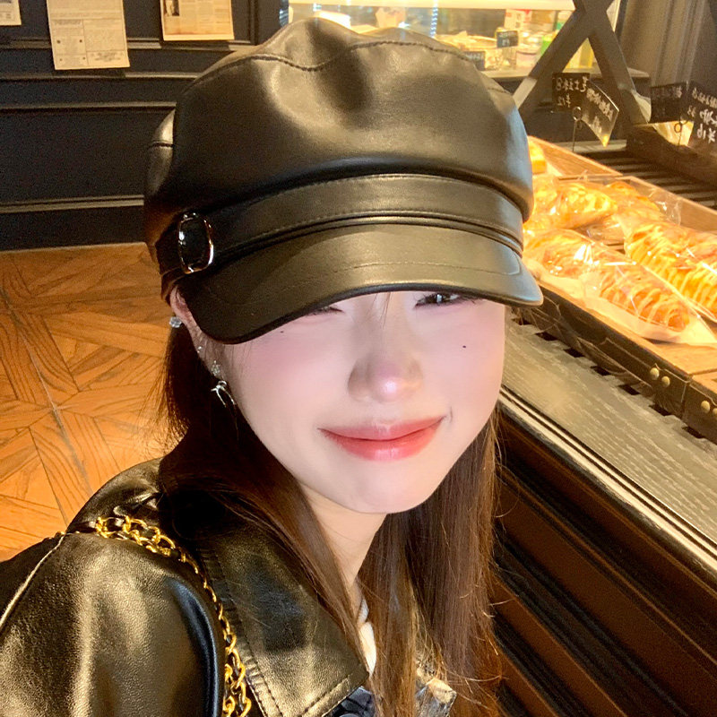 周给给皮质八角帽女帽子秋冬英伦文艺画家帽港风咖色贝雷报童帽春