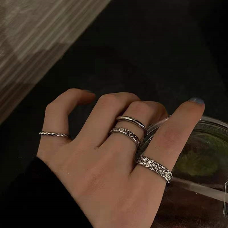 美式冷淡风素圈戒指套装组合女韩国ins网红开口可调节食指戒链条