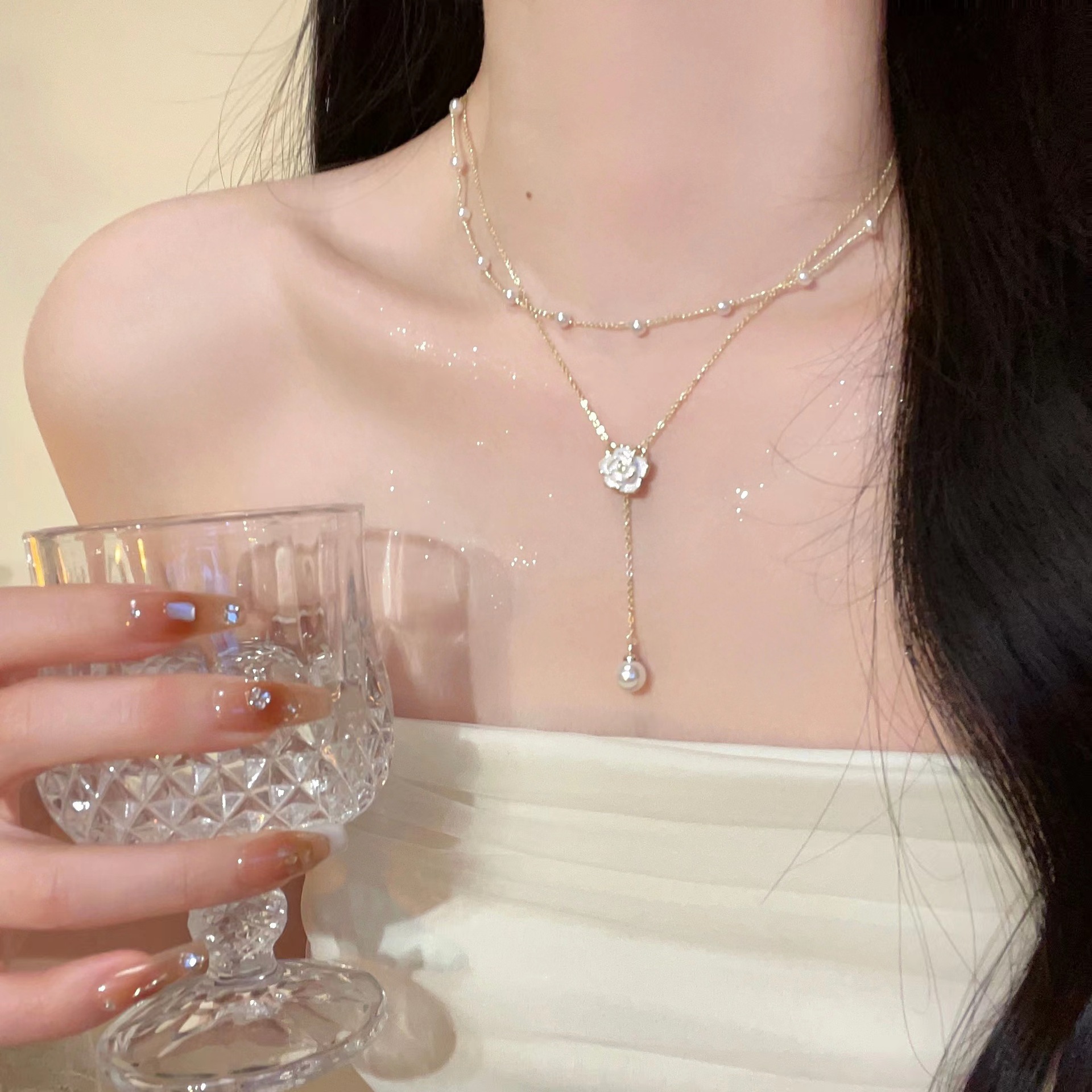 美式超仙优雅珍珠山茶花双层项链女轻奢高级感气质锁骨链时尚叠戴