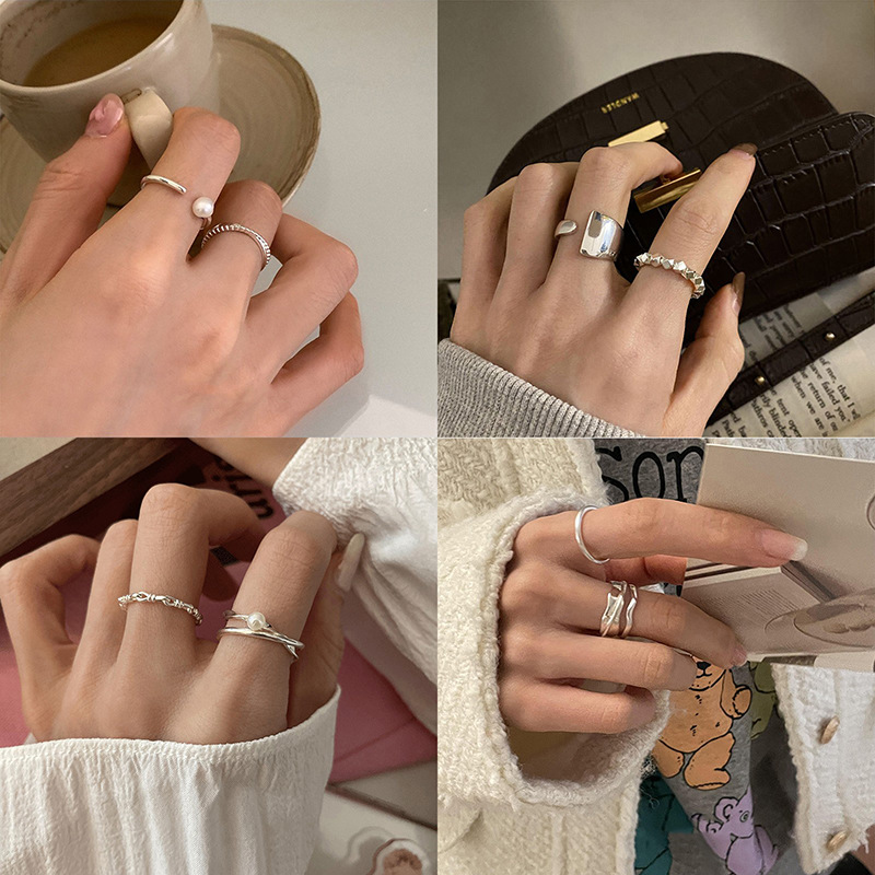 美式极简线条925纯银珍珠戒指女小众设计ins风个性几何高级感开口