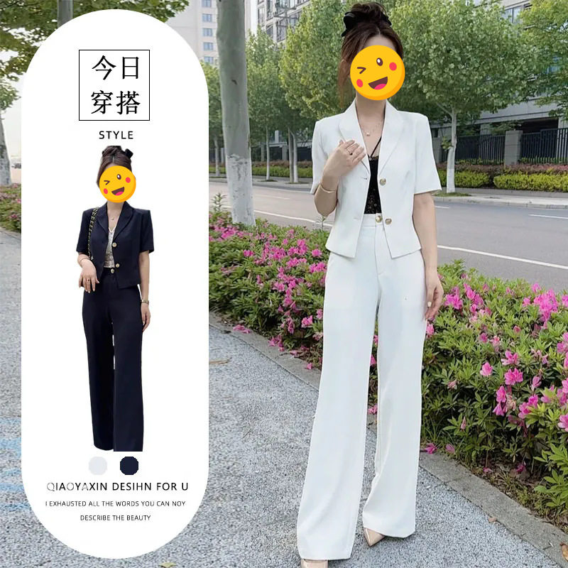 轻职风通勤时尚西装套装女双扣短袖上衣搭配高腰显瘦阔腿休闲裤子