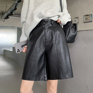 皮短裤女秋冬新款皮裤高腰显瘦五分裤外穿a字百搭阔腿靴裤