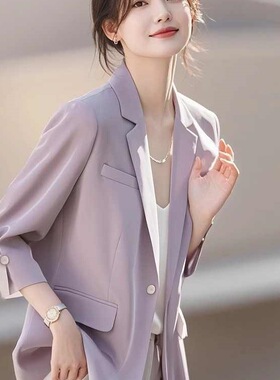 紫色小香风西装外套女2026夏季七分袖时尚感休闲上衣