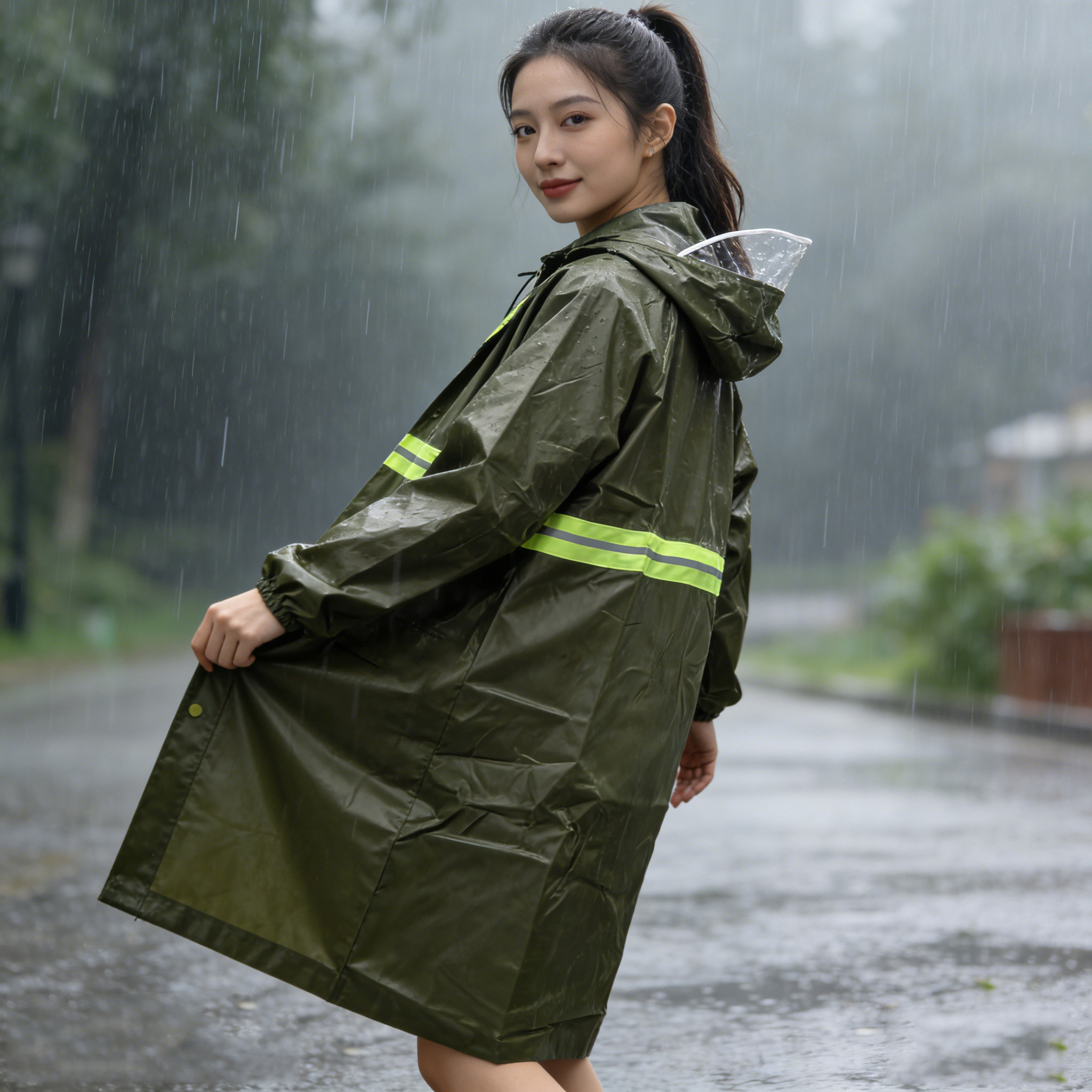 长款雨衣男女户外防雨连帽反光条军绿色雨披防水外套劳保户外出行