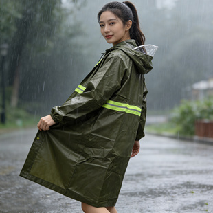 长款雨衣男女户外防雨连帽反光条军绿色雨披防水外套劳保户外出行
