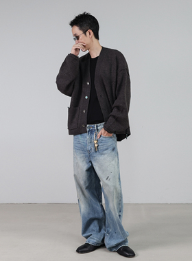 HOMME DE MODE秋冬潮牌V领开衫毛衣羊毛混纺慵懒高级感针织衫外套