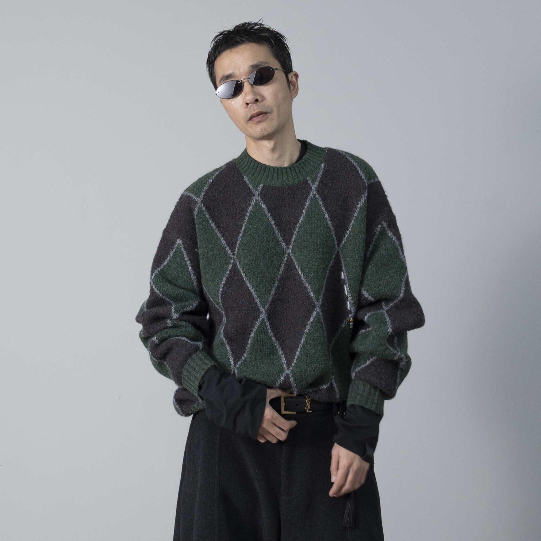 2025美式复古菱格纹针织衫男款圆领套头手工串珠宽松保暖潮流毛衣