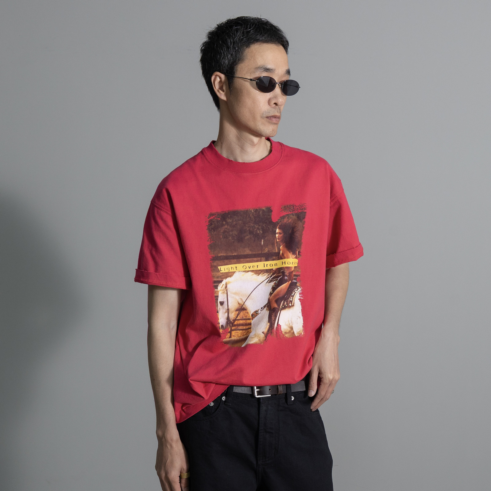美式复古印花短袖T恤男士纯棉夏季宽松宝石嵌珠圆领潮牌百搭上衣