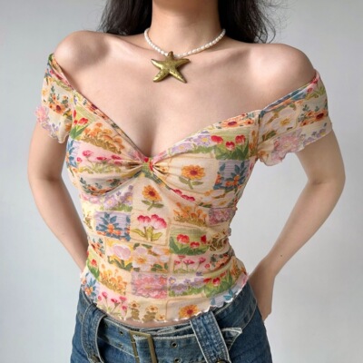 欧美风花卉V领网纱短袖亲肤T恤