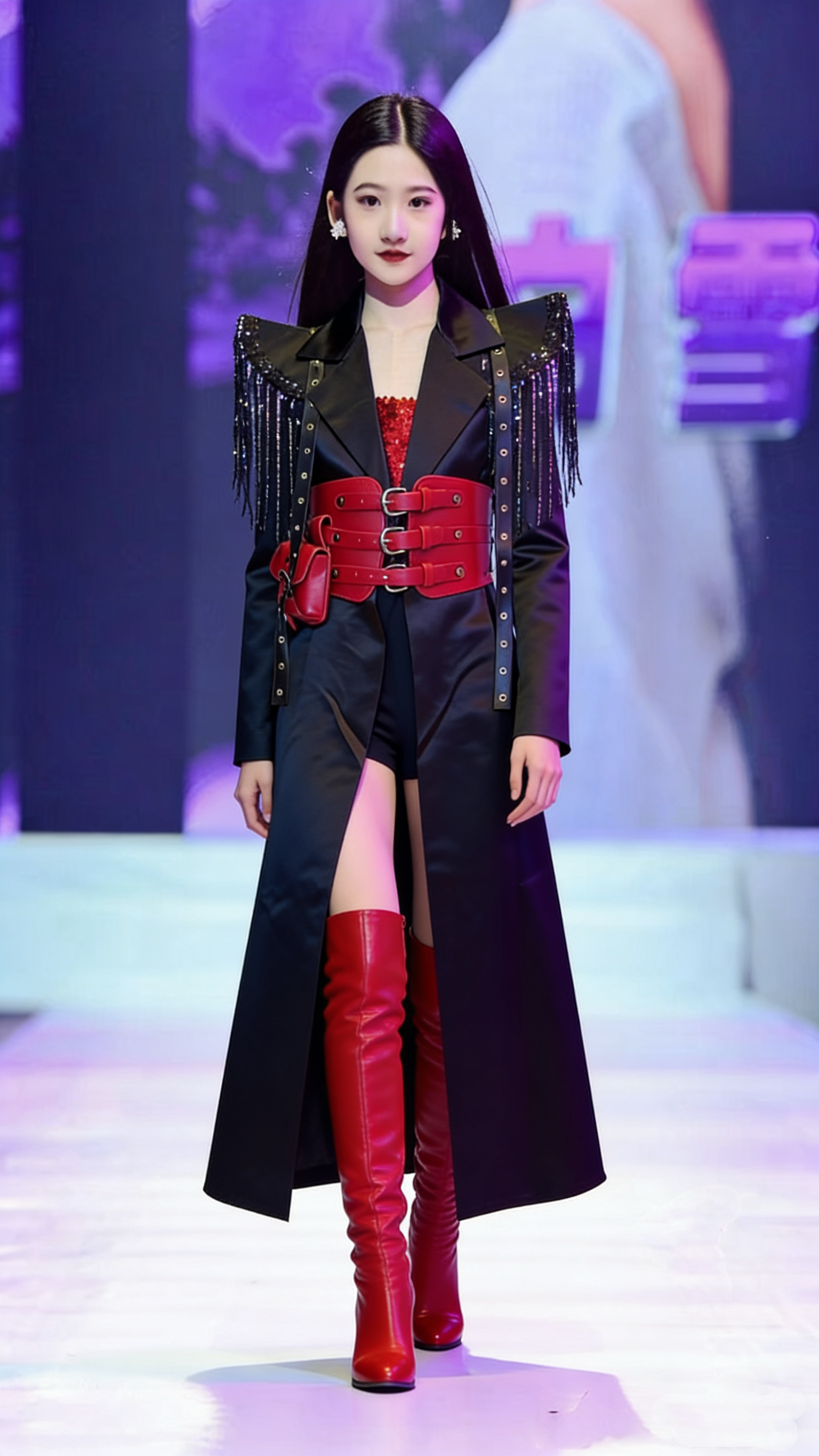 新款霸气黑色不对称西装儿童模特T台走秀女童帅气时尚表演服潮服