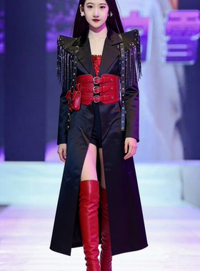 新款霸气黑色不对称西装儿童模特T台走秀女童帅气时尚表演服潮服