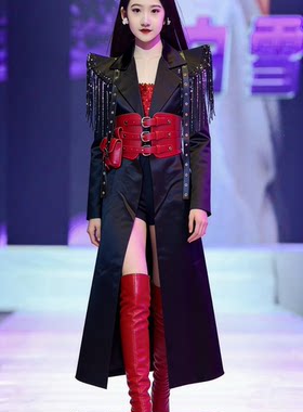 新款霸气黑色不对称西装儿童模特T台走秀女童帅气时尚表演服潮服