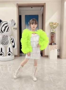 儿童走秀潮服女童绿色赛服pk赛服皮衣套装模特演出服cp秀服荧光绿