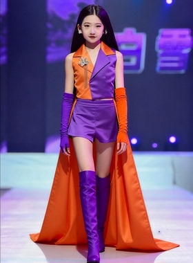 儿童礼服女童走秀气质T台PK走秀演出服橙紫色气质演出服潮服新款