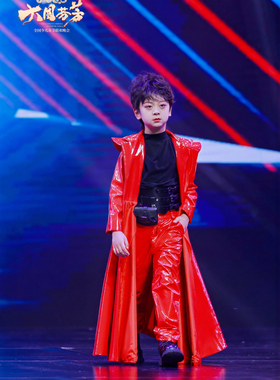 原创高端定制儿童中国风模特走秀红色P u皮衣皮裤机车服