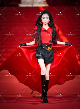 六一儿童模特走秀潮服红色机车风走秀礼服T台演出服