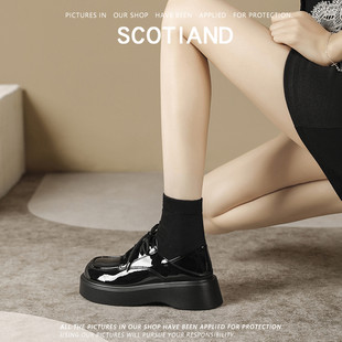 两穿系带百搭单鞋 女真皮松糕乐福鞋 女 厚底增高显腿长大头皮鞋 新款