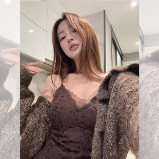 冬季加绒蕾丝保暖吊带背心女皮草内搭带胸垫美背文胸一体打底上衣