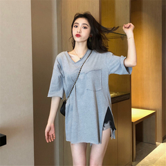 Official map real price cotton summer women's net red V-neck short sleeve t-shirt female student loose and versatile top