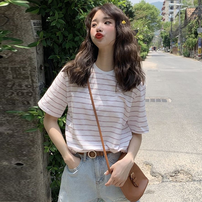 官圖 實價  棉 百搭細條紋復古港風簡約套頭短袖T恤女