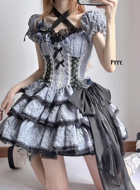 星未眠lolita美狄亚之吻op暗黑蓝哥特三段狗短春夏短袖原创连衣裙