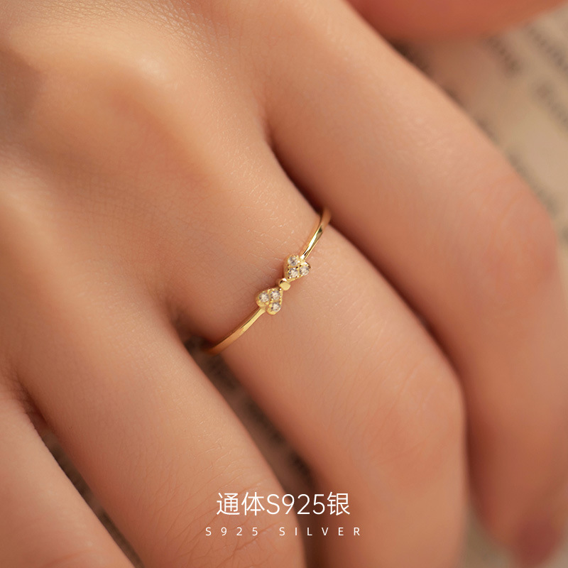 新款S925银小巧迷你蝴蝶结戒指女