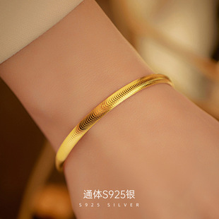 新款S925银网红猫眼手镯女实心金色时尚百搭拉丝新款潮手环手饰
