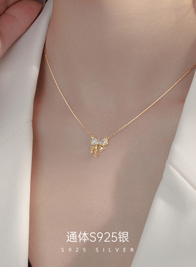 新款S925银蝴蝶结星星项链女甜美