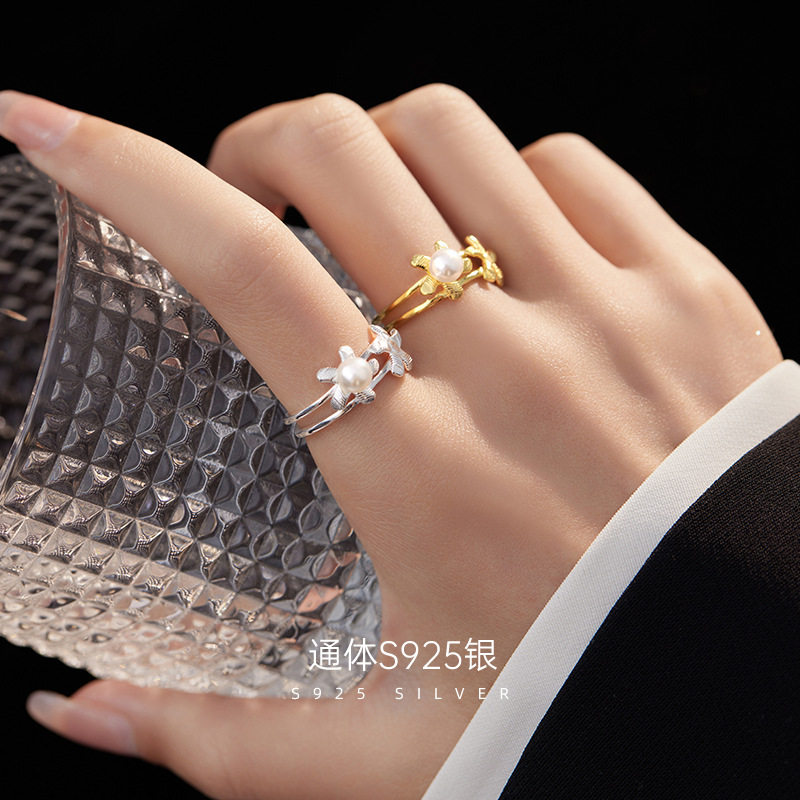 新款S925银简约仿珍珠花朵双层戒指女气质个性开口设计小花指环