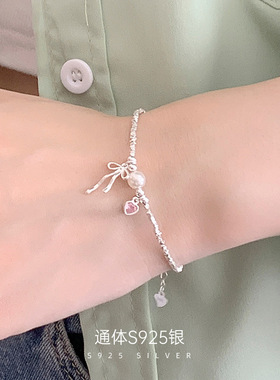 新款S925银粉钻少女心蝴蝶结珍珠