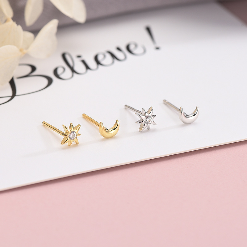 s925银耳钉韩版女星星月亮镶钻耳