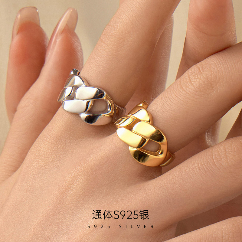 新款S925银重工宽面链条戒指女质