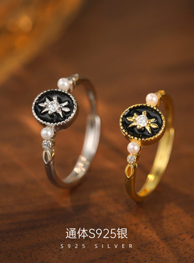 新款S925银黑色滴釉珍珠戒指女复