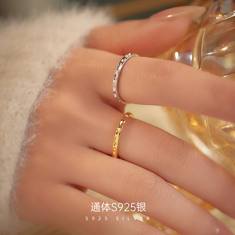 新款S925银日韩简约锤纹凹凸面戒