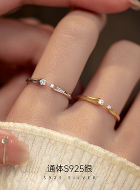 新款S925银日系镶钻开口戒指女轻