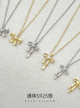 新款S925银时尚蝴蝶结珍珠项链女