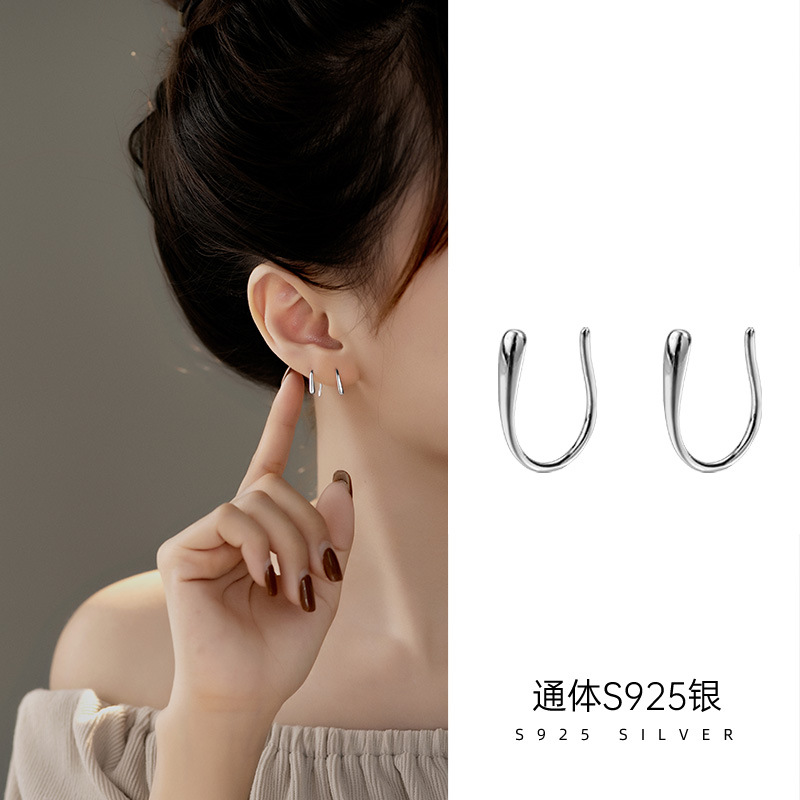 新款S925银简约水滴形耳钩女小众