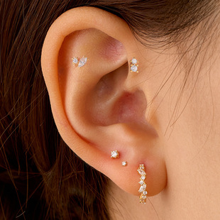 新款S925纯银极简锆石耳圈耳钉女ins质感叠戴镀K金耳饰