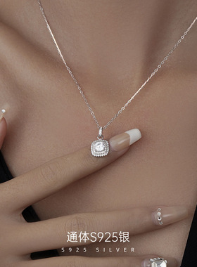 新款S925银高级感方糖满钻项链女