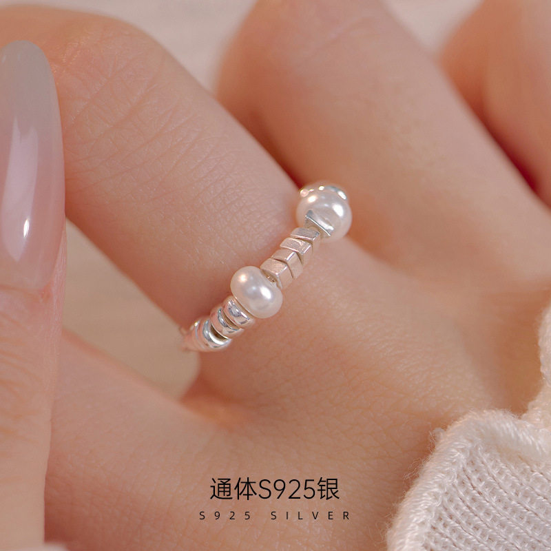 新款S925银ins碎银子珍珠戒指女小众轻奢食指环时尚个性手饰品