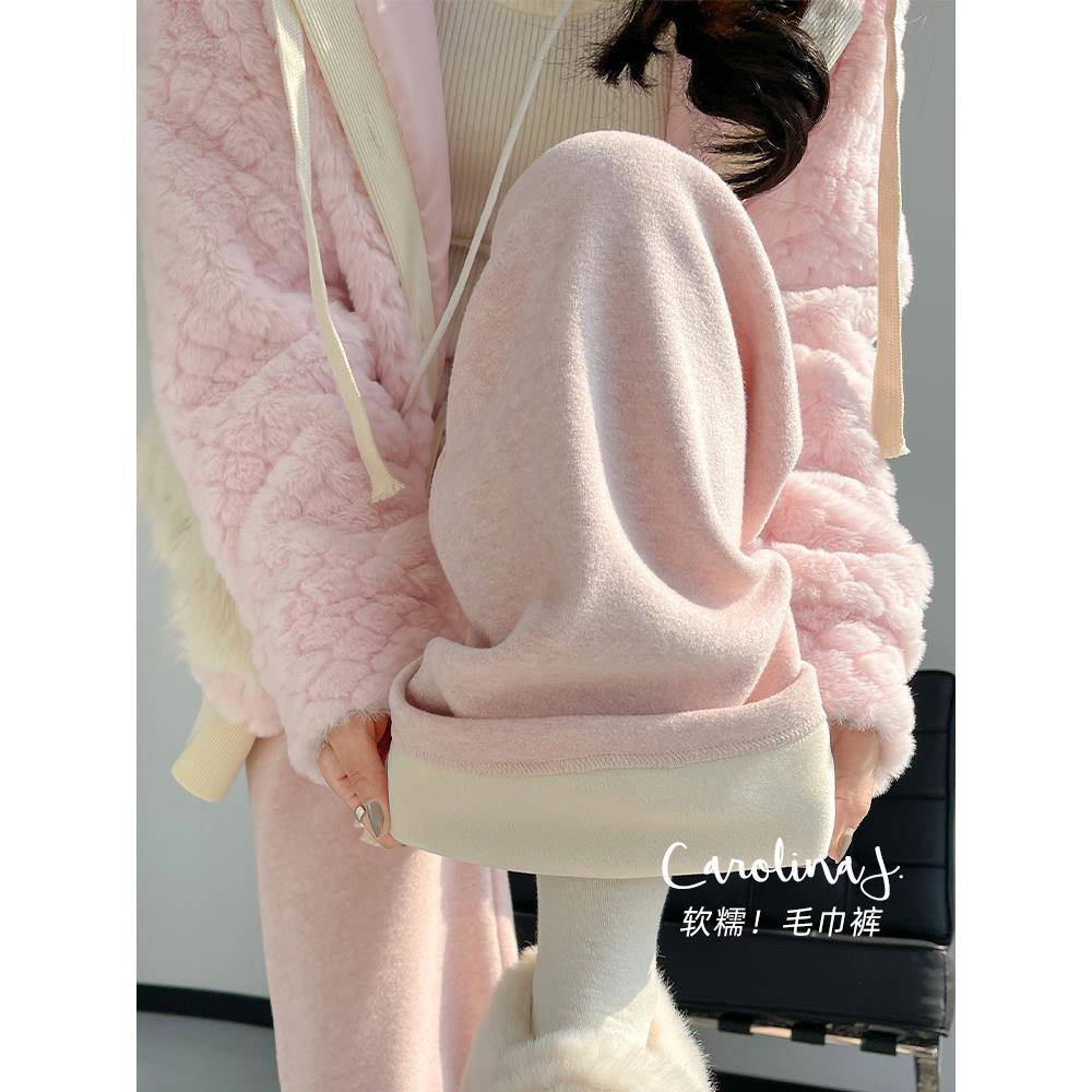 加绒毛巾裤女2025冬季新款直筒阔腿裤加长垂感软糯学院风保暖裤子